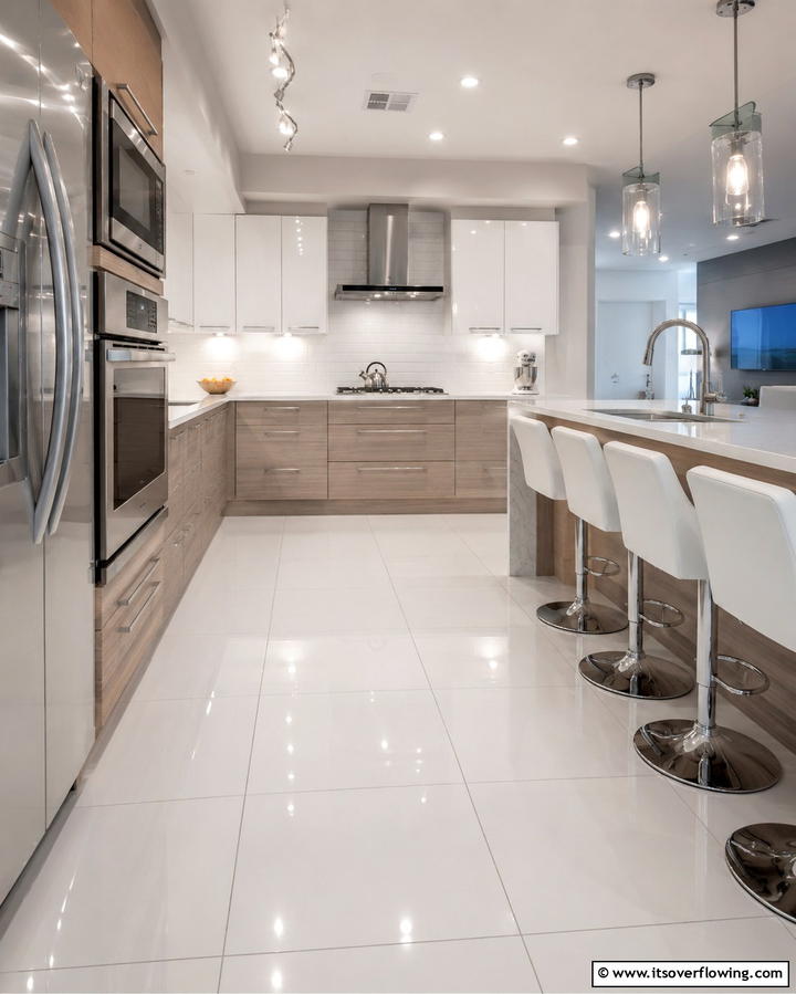 Glossy White Ceramic Tiles - 25 White Kitchen Floor Ideas for a Bright Space