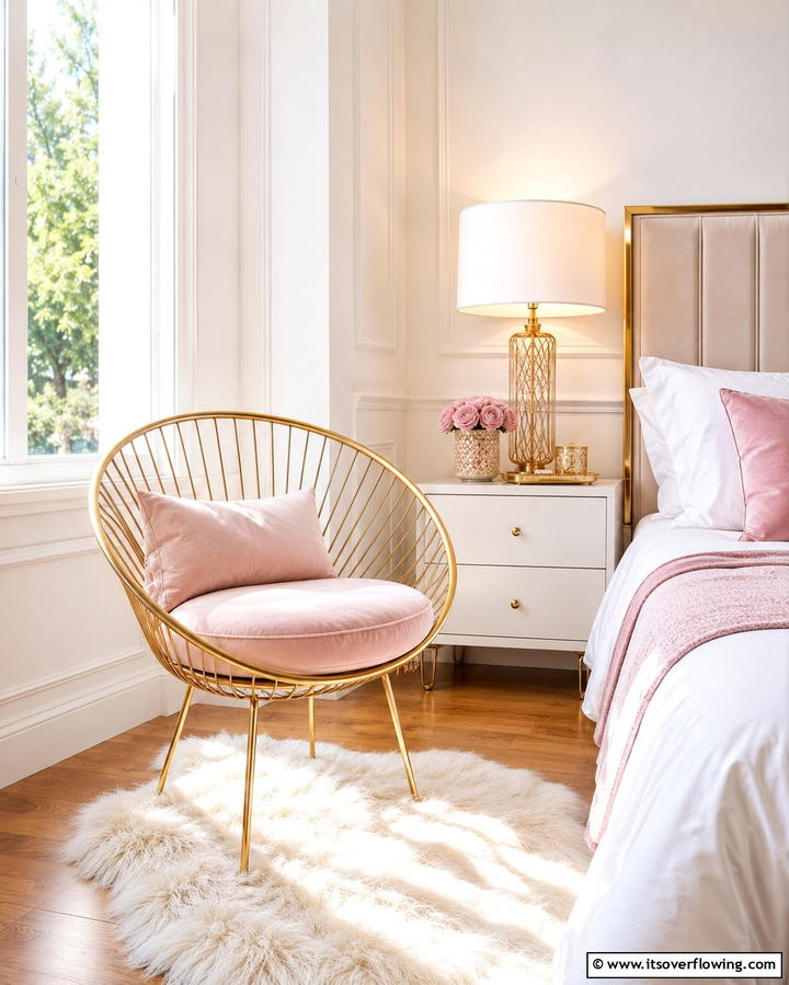 Gold Accent Chair with Pink Cushion - 25 Pink and Gold Bedroom Ideas for a Luxurious Retreat