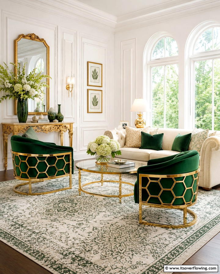 Gold Accent Chairs for Elegance - 25 Emerald Green and Gold Living Room Ideas for Luxury