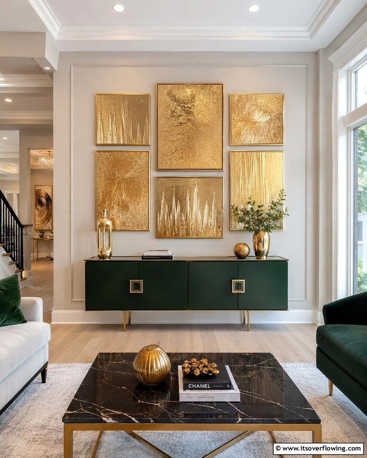 Gold Accent Wall Art - 25 Green and Gold Living Room Ideas for Luxury