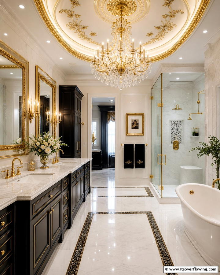 Gold Accented Ceiling Fixtures - 25 White and Gold Bathroom Ideas for a Luxurious Look
