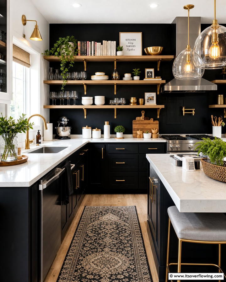 Gold Accented Open Shelving - 25 Black and Gold Kitchen Ideas for a Luxurious Look