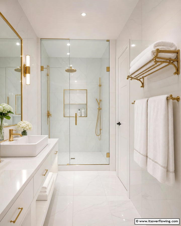 Gold Accented Towel Racks - 25 White and Gold Bathroom Ideas for a Luxurious Look