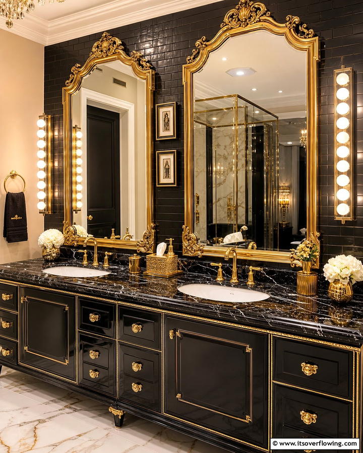 Gold Accented Vanity Mirrors - 25 Black and Gold Bathroom Ideas for a Glamorous Space