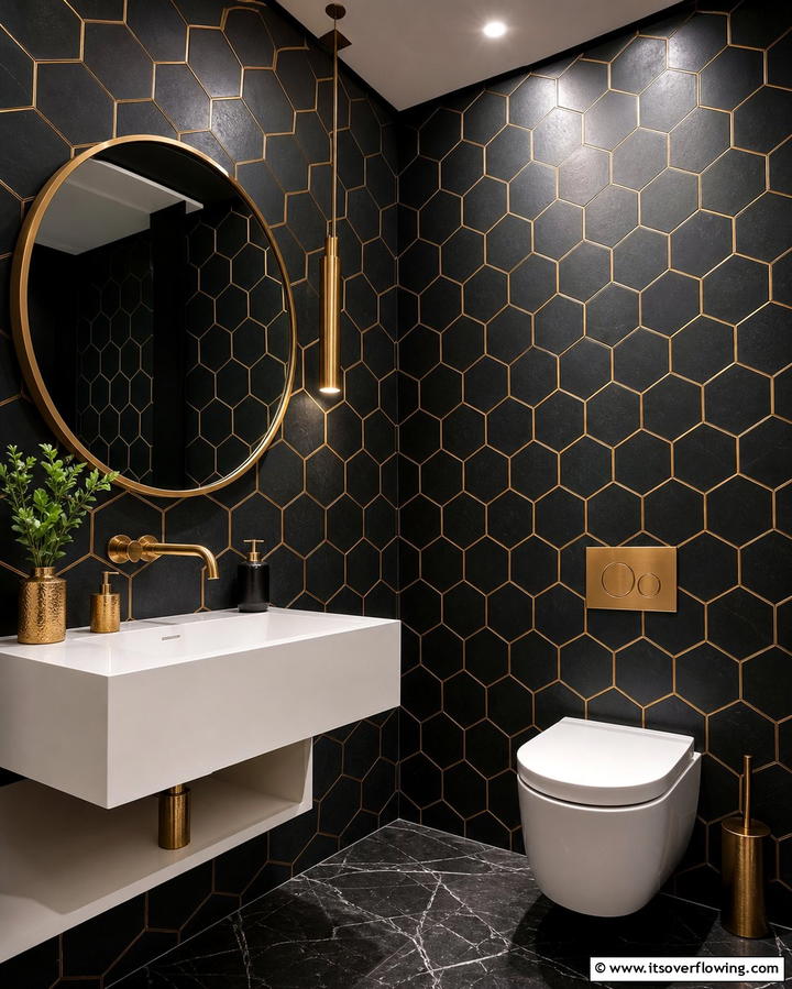 Gold Accents on Black Hexagonal Tiles - 25 Luxurious Black and Gold Powder Room Ideas for Elegance