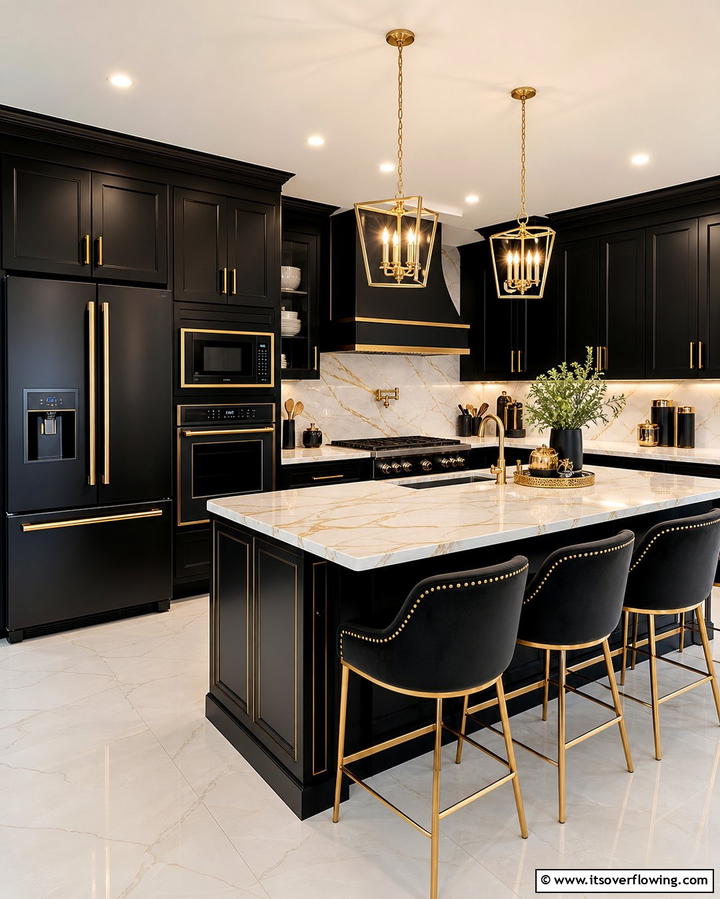 Gold Accents on Black Kitchen Appliances - 25 Black and Gold Kitchen Ideas for a Luxurious Look