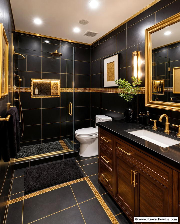 Gold Accents on Black Tiling - 25 Black and Gold Bathroom Ideas for a Glamorous Space