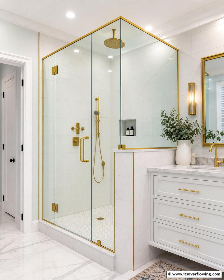 Gold Accents on Blue Shower Doors - 25 Blue and Gold Bathroom Ideas for a Luxurious Retreat