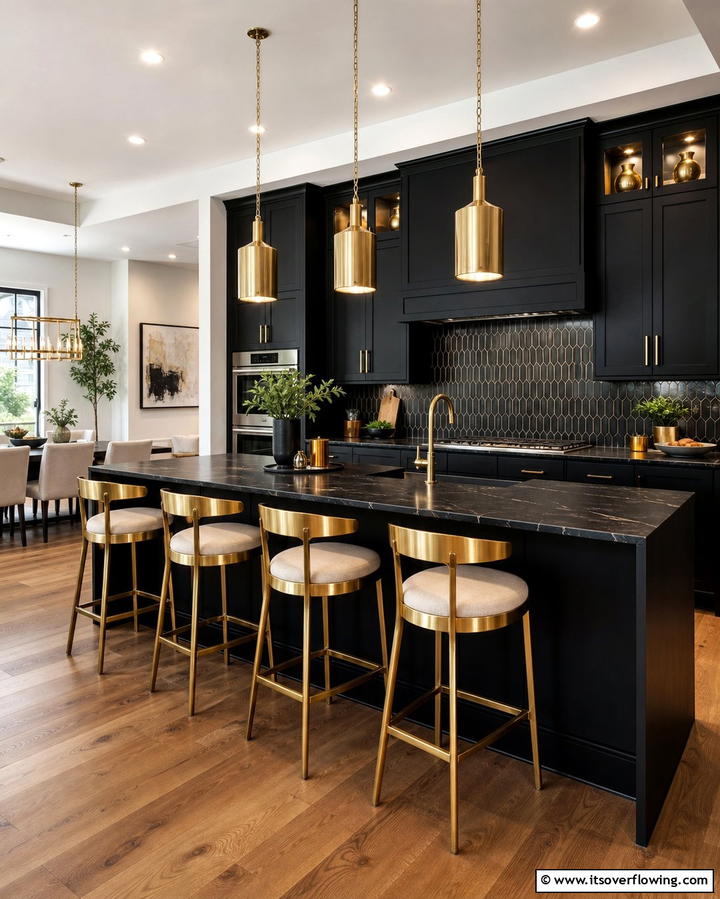 Gold Bar Stools Against a Black Island - 25 Black and Gold Kitchen Ideas for a Luxurious Look