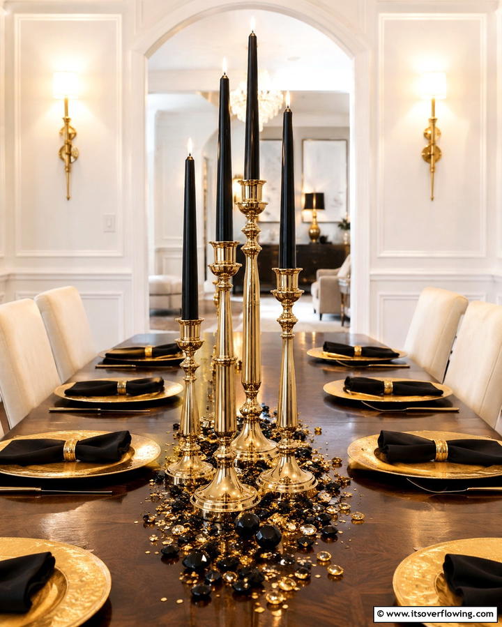 Gold Candle Holders with Black Tapers - 25 Stunning Black and Gold Centerpiece Ideas for Your Home