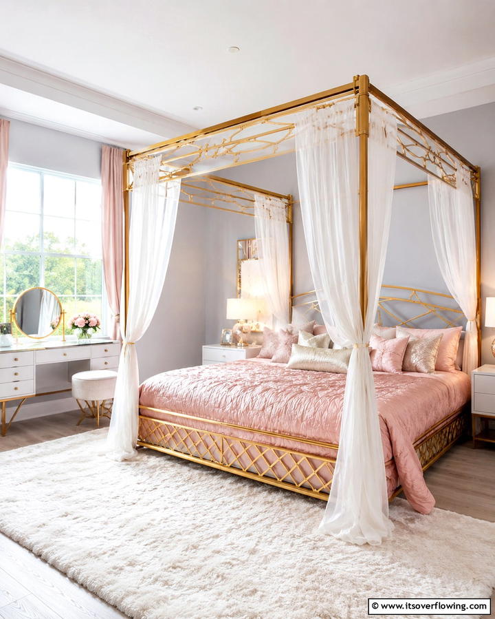 Gold Canopy Bed with Pink Bedding - 25 Pink and Gold Bedroom Ideas for a Luxurious Retreat