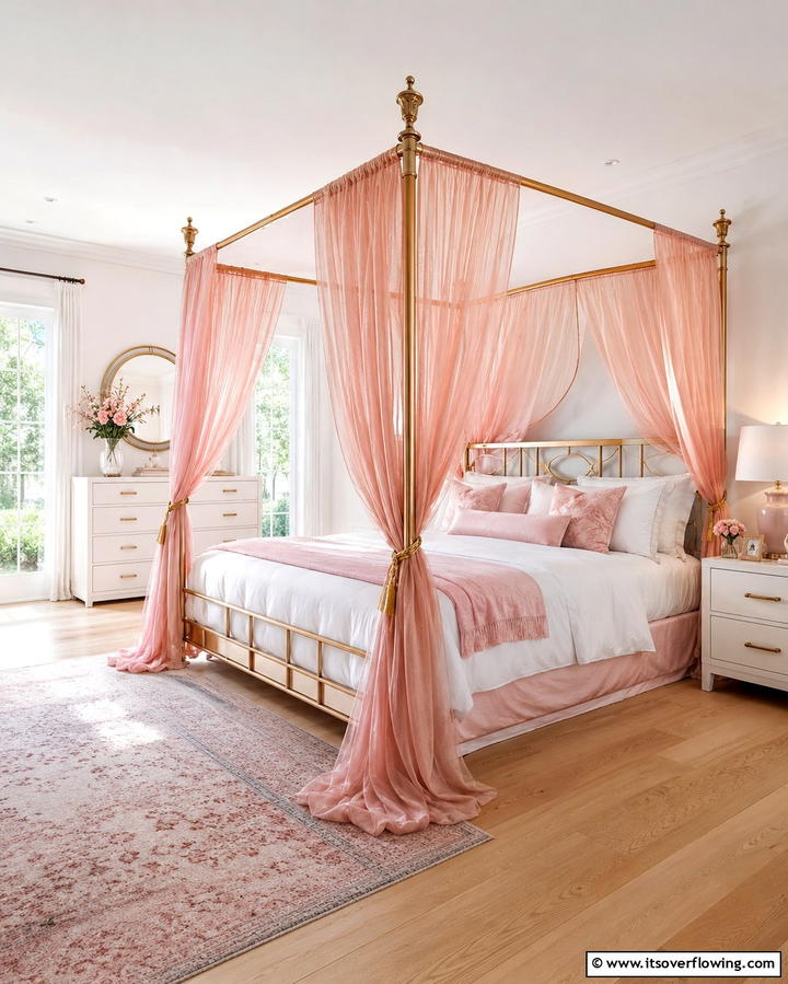 Gold Canopy Bed with Pink Drapes - 25 Pink and Gold Bedroom Ideas for a Luxurious Retreat
