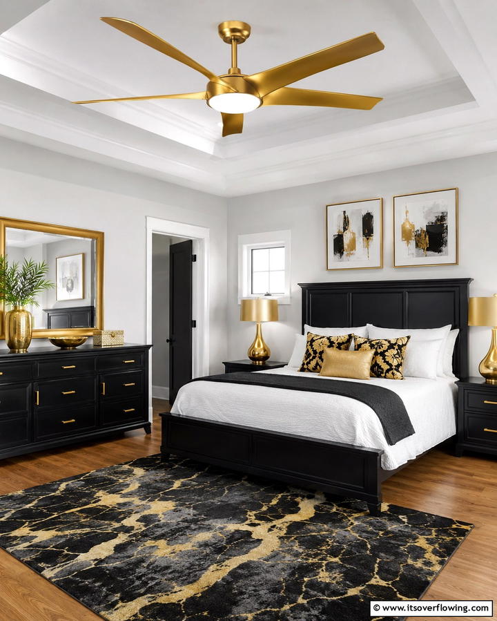 Gold Ceiling Fan - 25 Stunning Black and Gold Bedroom Design Ideas