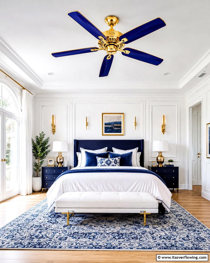 Gold Ceiling Fans with Blue Blades - 25 Blue and Gold Bedroom Ideas for a Regal Atmosphere