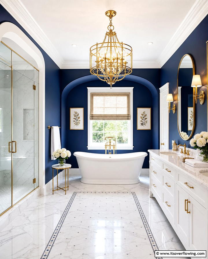 Gold Ceiling Fixtures with Blue Walls - 25 Blue and Gold Bathroom Ideas for a Luxurious Retreat
