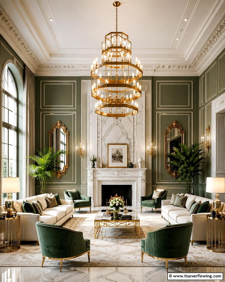 Gold Chandeliers for Glamour - 25 Green and Gold Living Room Ideas for Luxury