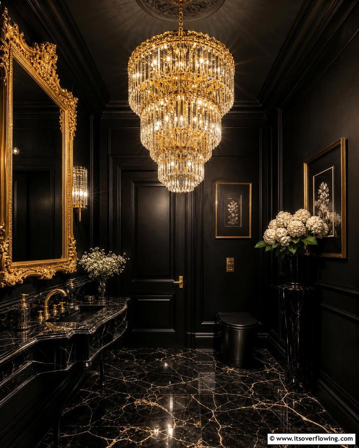 Gold Chandeliers in Black Powder Rooms - 25 Luxurious Black and Gold Powder Room Ideas for Elegance