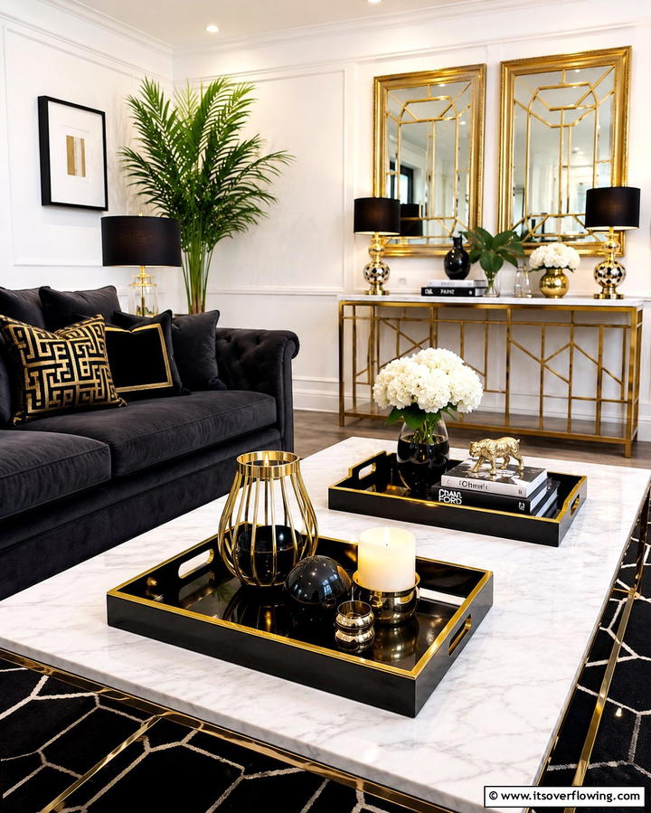 Gold Chandeliers with Black Crystals - 25 Black and Gold Living Room Ideas for a Luxurious Feel