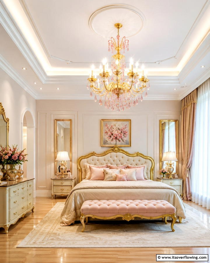 Gold Chandeliers with Pink Crystal Accents - 25 Pink and Gold Bedroom Ideas for a Luxurious Retreat