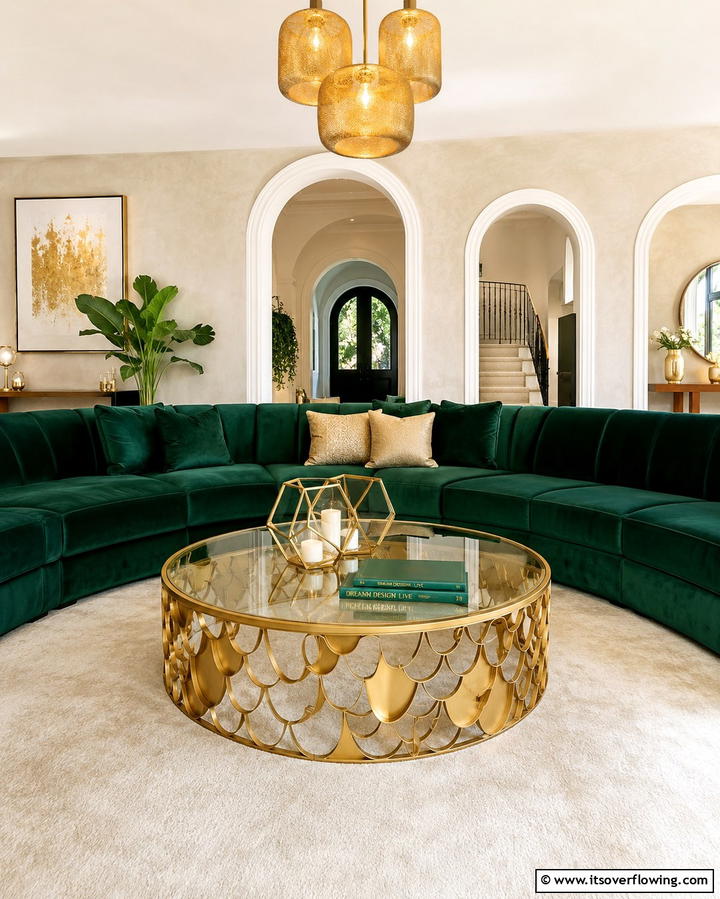Gold Coffee Table as a Centerpiece - 25 Emerald Green and Gold Living Room Ideas for Luxury