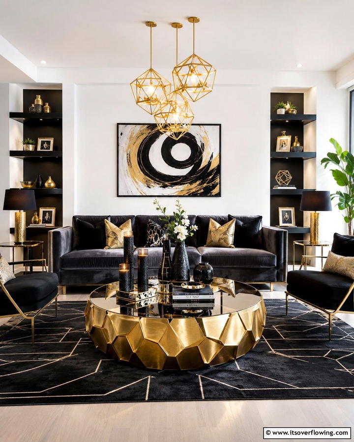 Gold Coffee Table with Black Accents - 25 Black and Gold Living Room Ideas for a Luxurious Feel