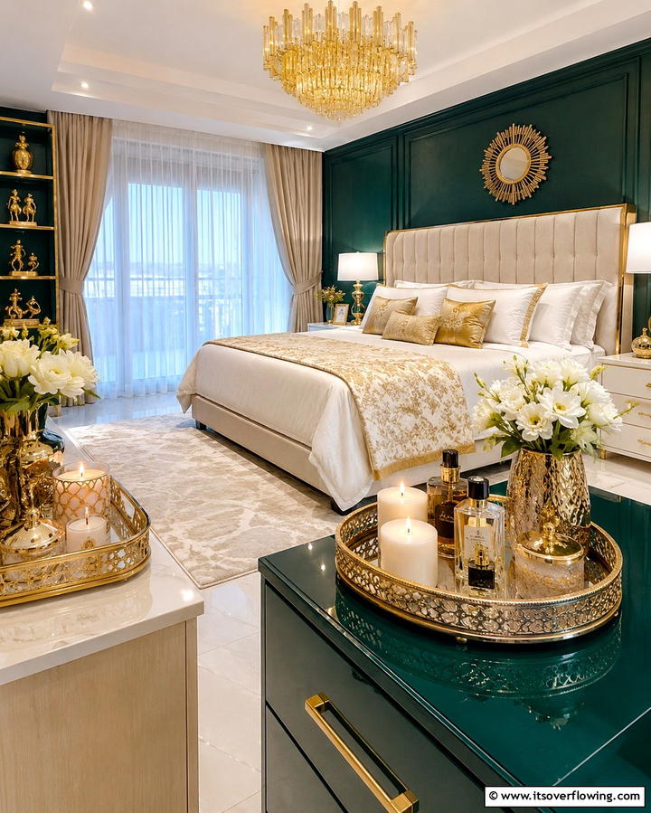 Gold Decorative Trays and Accessories - 25 Emerald Green and Gold Bedroom Ideas for a Luxurious Retreat