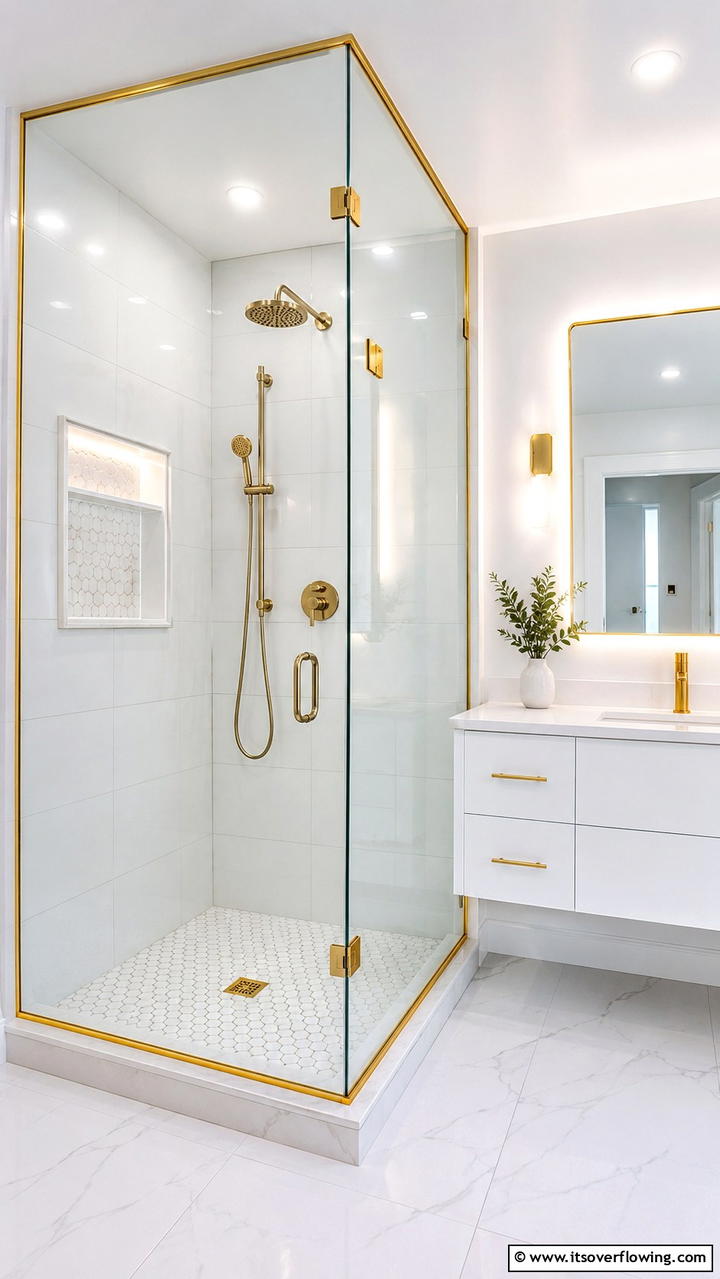 Gold Detailing on Glass Enclosures - 30 Gold Bathroom Ideas for Luxurious, Modern Spaces