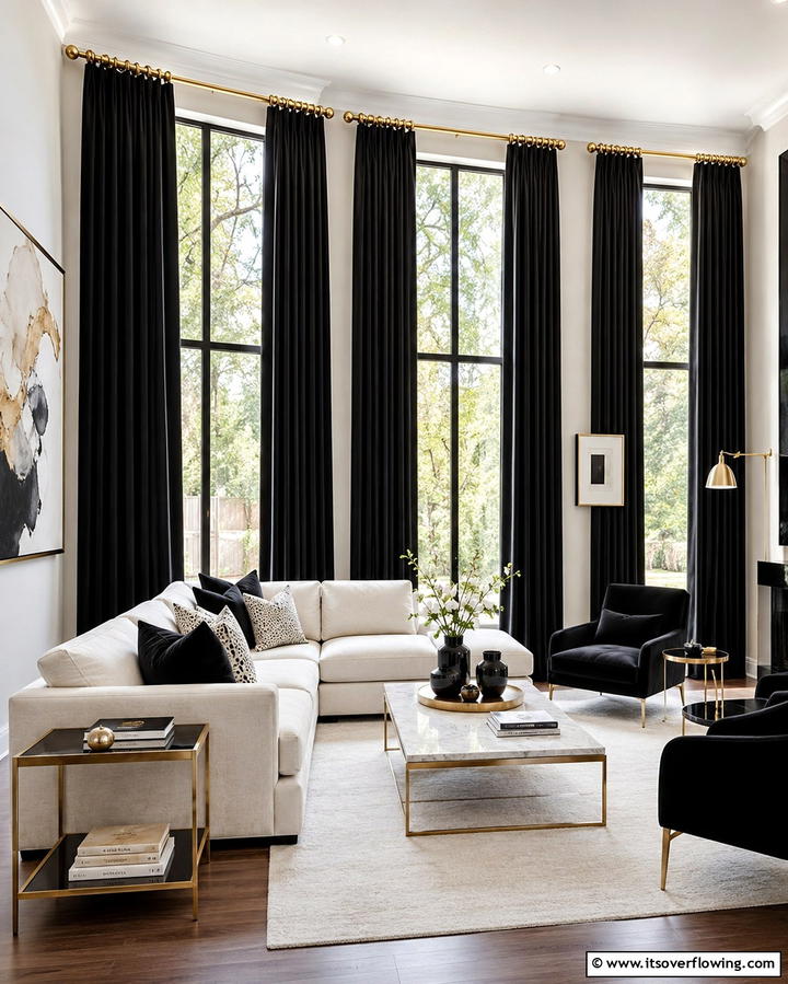 Gold Drapery Rods with Black Curtains - 25 Black and Gold Living Room Ideas for a Luxurious Feel