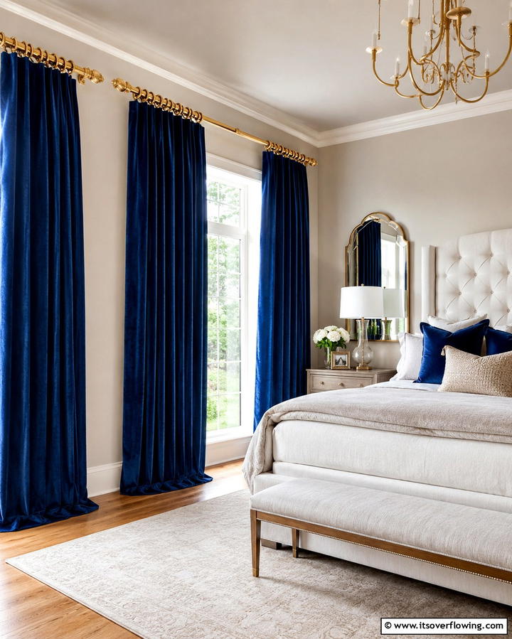 Gold Drapery Rods with Blue Curtains - 25 Blue and Gold Bedroom Ideas for a Regal Atmosphere