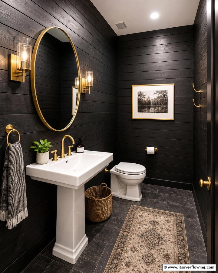 Gold Fixtures on Black Shiplap Walls - 25 Luxurious Black and Gold Powder Room Ideas for Elegance