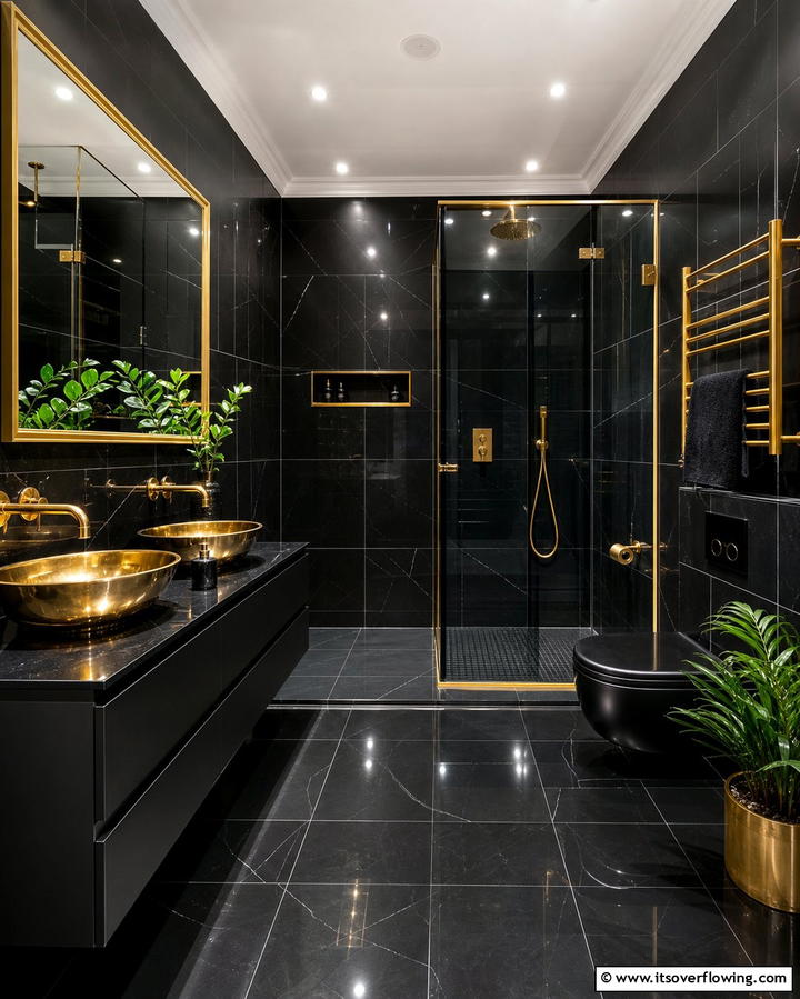 Gold Fixtures with Black Tiles - 25 Black and Gold Bathroom Ideas for a Glamorous Space