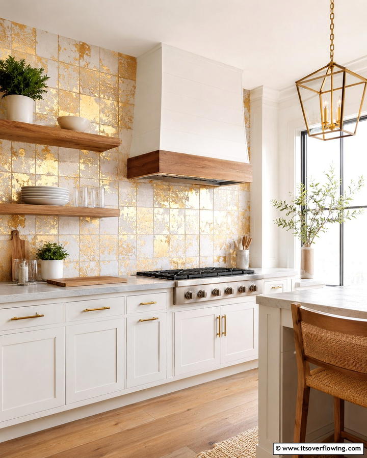 Gold Foil on White Ceramic Tiles - 25 White and Gold Kitchen Backsplash Ideas for Elegance