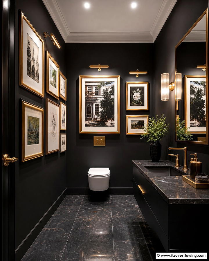Gold Framed Artwork on Black Walls - 25 Luxurious Black and Gold Powder Room Ideas for Elegance