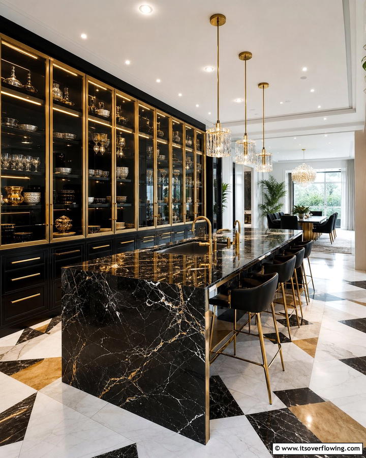 Gold Framed Black Glass Cabinets for a Modern Edge - 25 Black and Gold Kitchen Ideas for a Luxurious Look