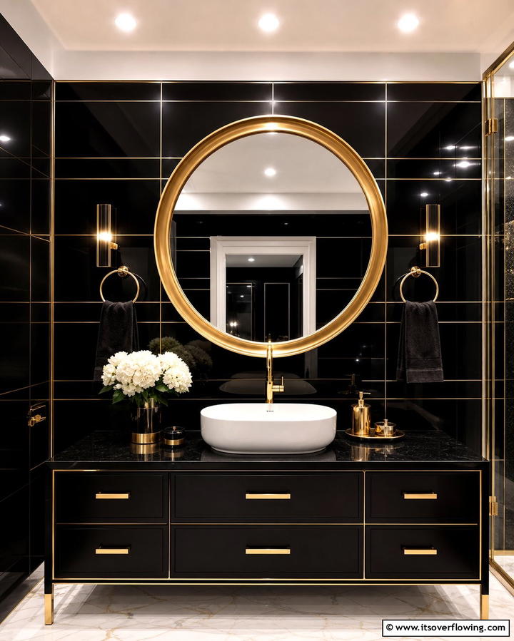 Gold Framed Black Mirror - 25 Black and Gold Bathroom Ideas for a Glamorous Space