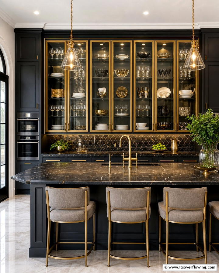 Gold Framed Glass Cabinet Doors - 25 Black and Gold Kitchen Ideas for a Luxurious Look