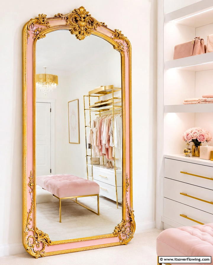 Gold Framed Mirror with Pink Detailing - 25 Pink and Gold Bedroom Ideas for a Luxurious Retreat