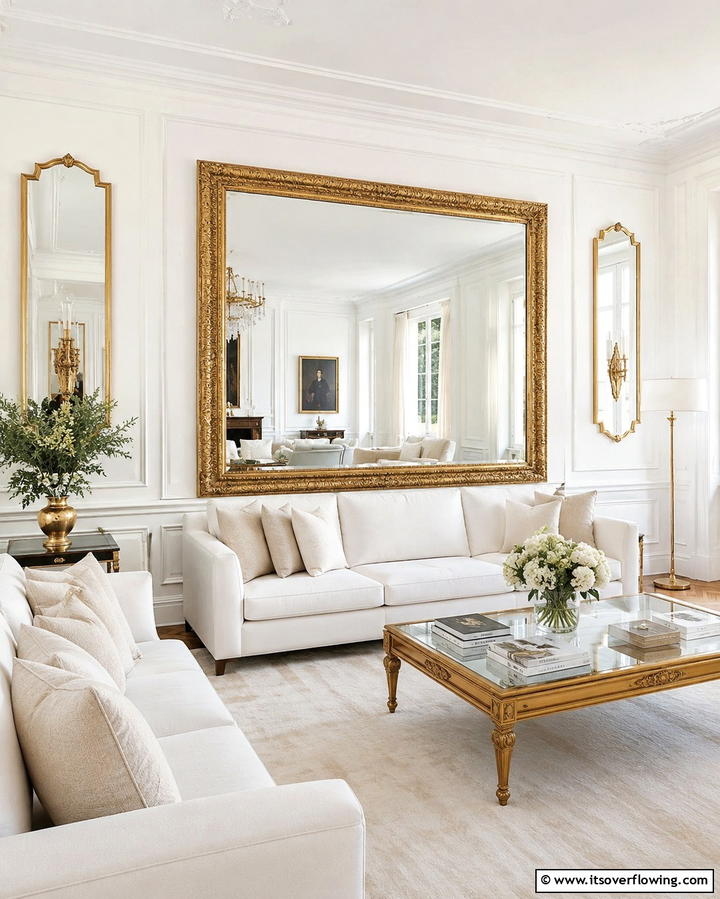 Gold Framed Mirrors - 25 White and Gold Living Room Ideas for Elegance