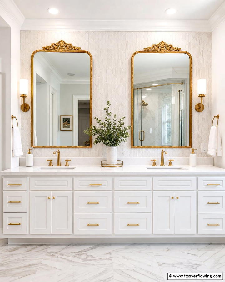 Gold Framed Mirrors - 25 White and Gold Bathroom Ideas for a Luxurious Look