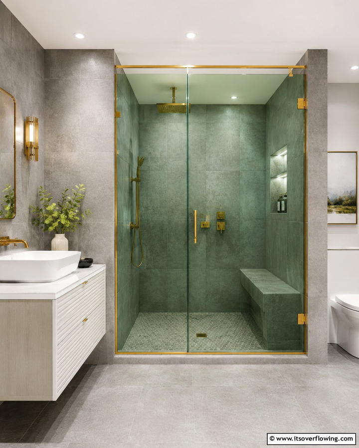 Gold Framed Mirrors Against Green Backdrops - 25 Luxurious Green and Gold Bathroom Design Ideas