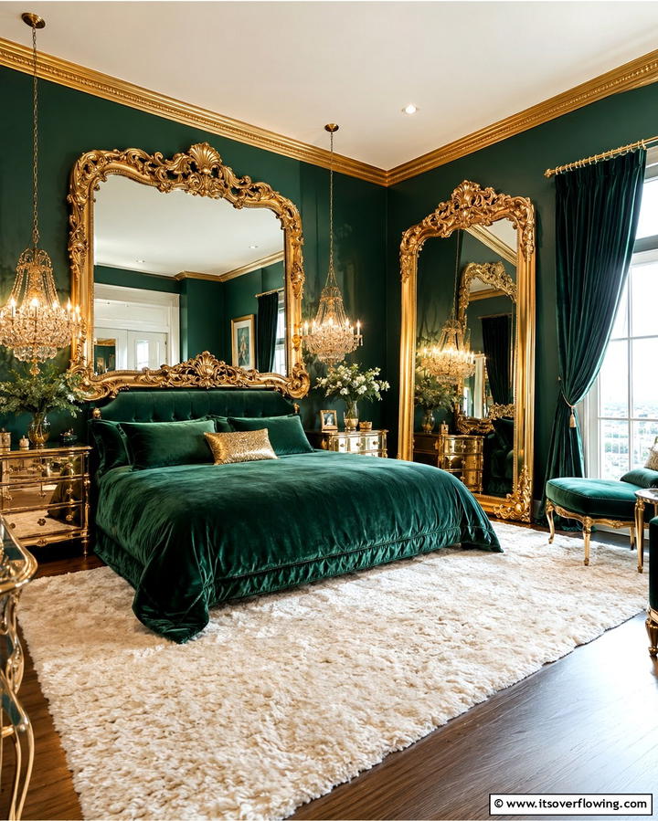 Gold Framed Mirrors for Added Elegance - 25 Emerald Green and Gold Bedroom Ideas for a Luxurious Retreat