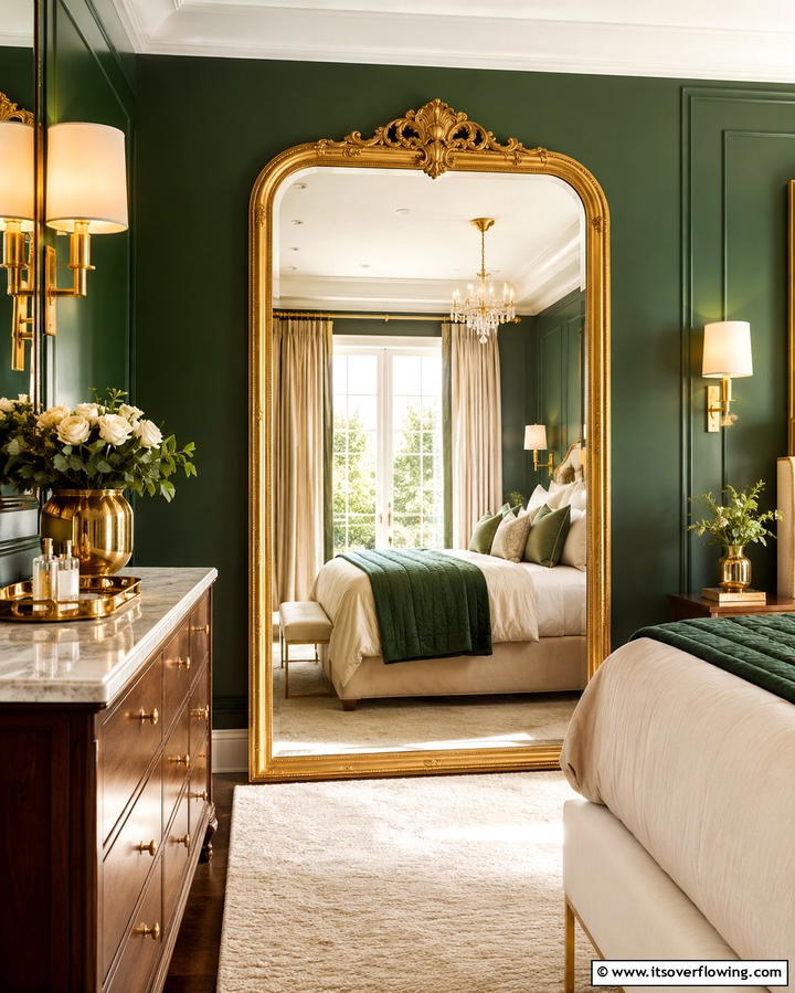 Gold Framed Mirrors for Depth - 25 Emerald Green and Gold Bedroom Ideas for a Luxurious Retreat