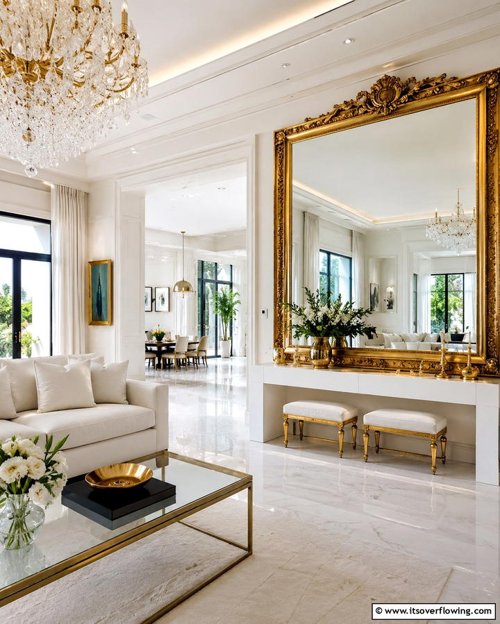 Gold Framed Mirrors for Glamorous Reflections - 25 White and Gold Living Room Ideas for Elegance