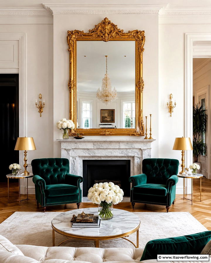 Gold Framed Mirrors for a Touch of Glamour - 25 Emerald Green and Gold Living Room Ideas for Luxury