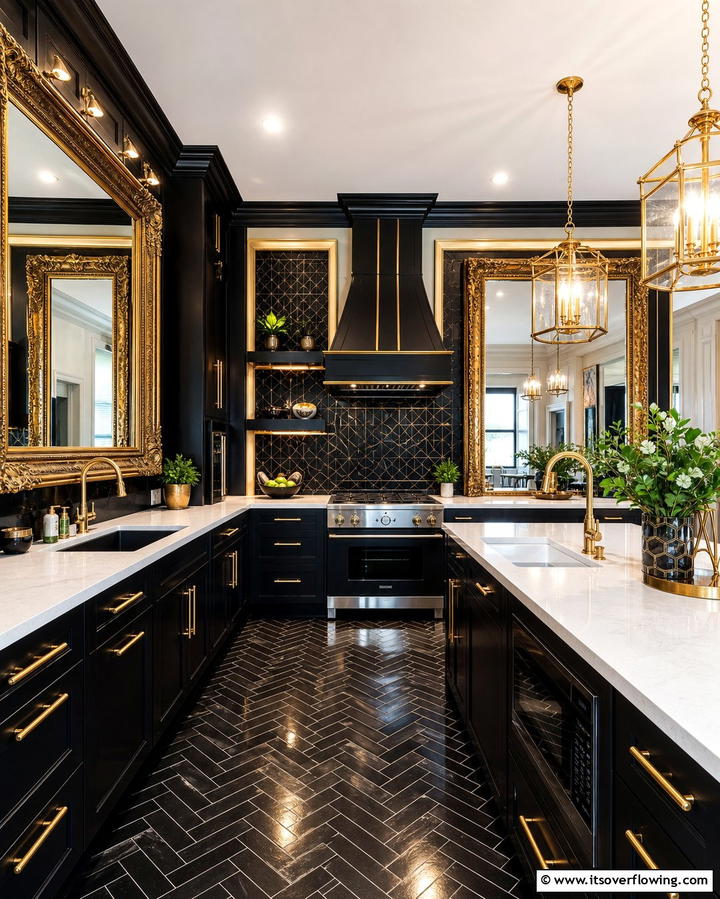 Gold Framed Mirrors in a Black Kitchen - 25 Black and Gold Kitchen Ideas for a Luxurious Look