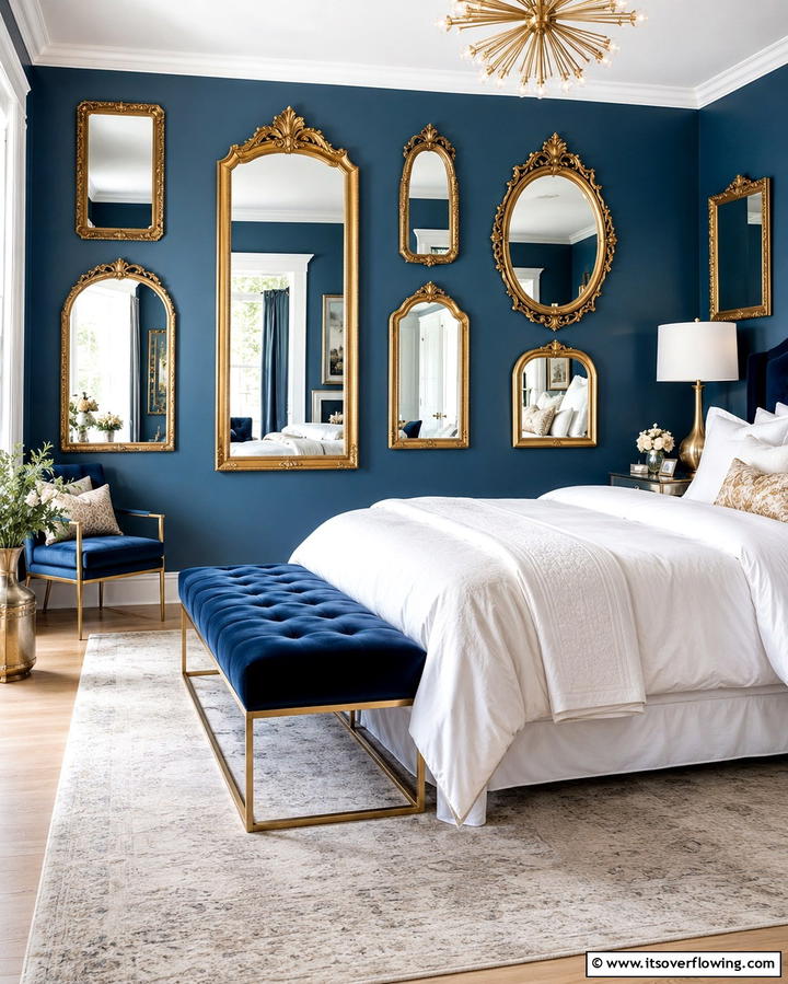 Gold Framed Mirrors on Blue Walls - 25 Blue and Gold Bedroom Ideas for a Regal Atmosphere