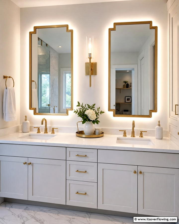 Gold Framed Mirrors with Backlighting - 25 White and Gold Bathroom Ideas for a Luxurious Look
