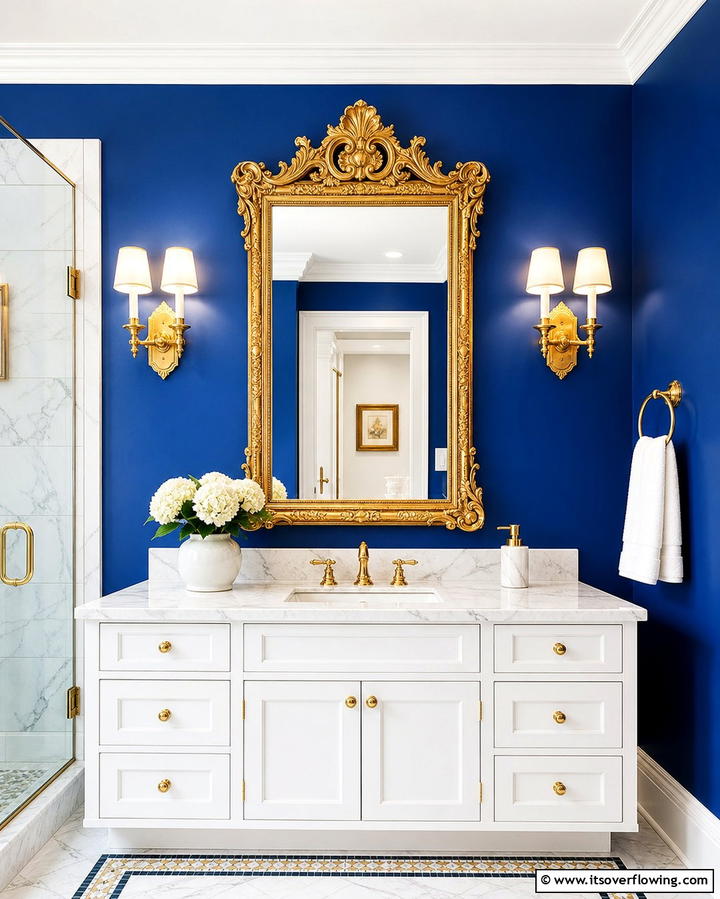 Gold Framed Mirrors with Blue Walls - 25 Blue and Gold Bathroom Ideas for a Luxurious Retreat