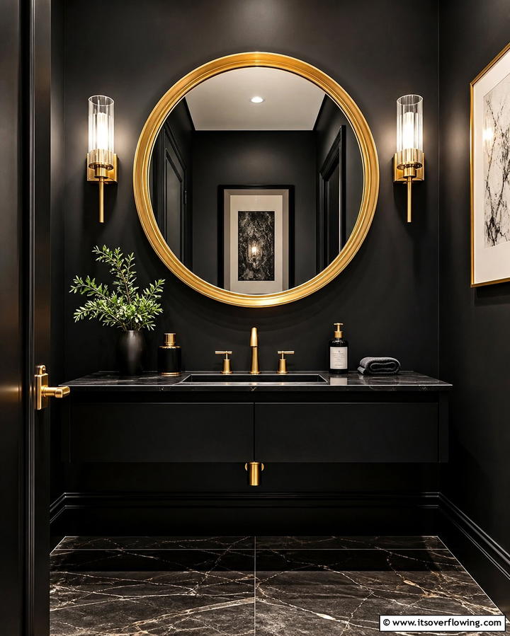 Gold Framed Round Mirror on Black Walls - 25 Luxurious Black and Gold Powder Room Ideas for Elegance