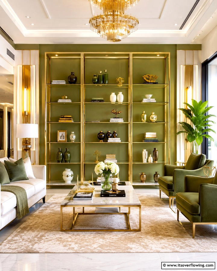 Gold Framed Shelving Units - 25 Green and Gold Living Room Ideas for Luxury